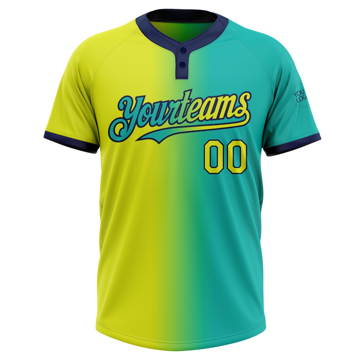 Custom Aqua Neon Yellow-Navy Gradient Fashion Two-Button Unisex Softball Jersey view 2