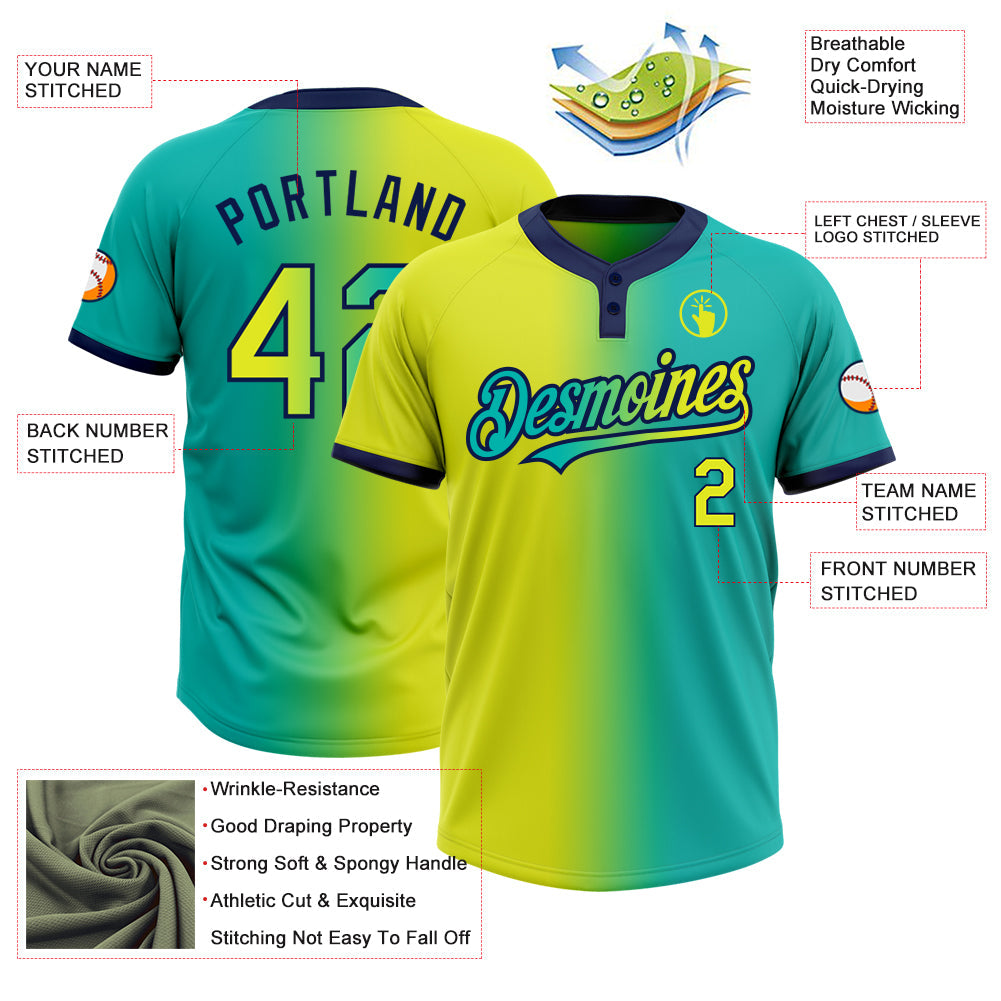 Custom Aqua Neon Yellow-Navy Gradient Fashion Two-Button Unisex Softball Jersey view 3