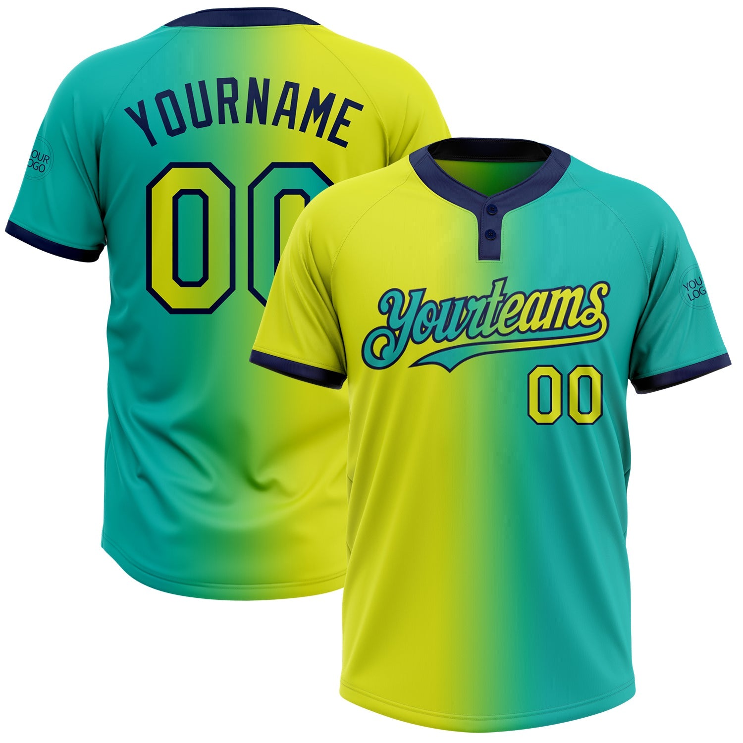 Custom Aqua Neon Yellow-Navy Gradient Fashion Two-Button Unisex Softball Jersey - Main View