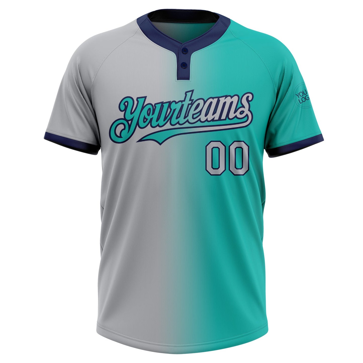 Custom Aqua Gray-Navy Gradient Fashion Two-Button Unisex Softball Jersey view 2