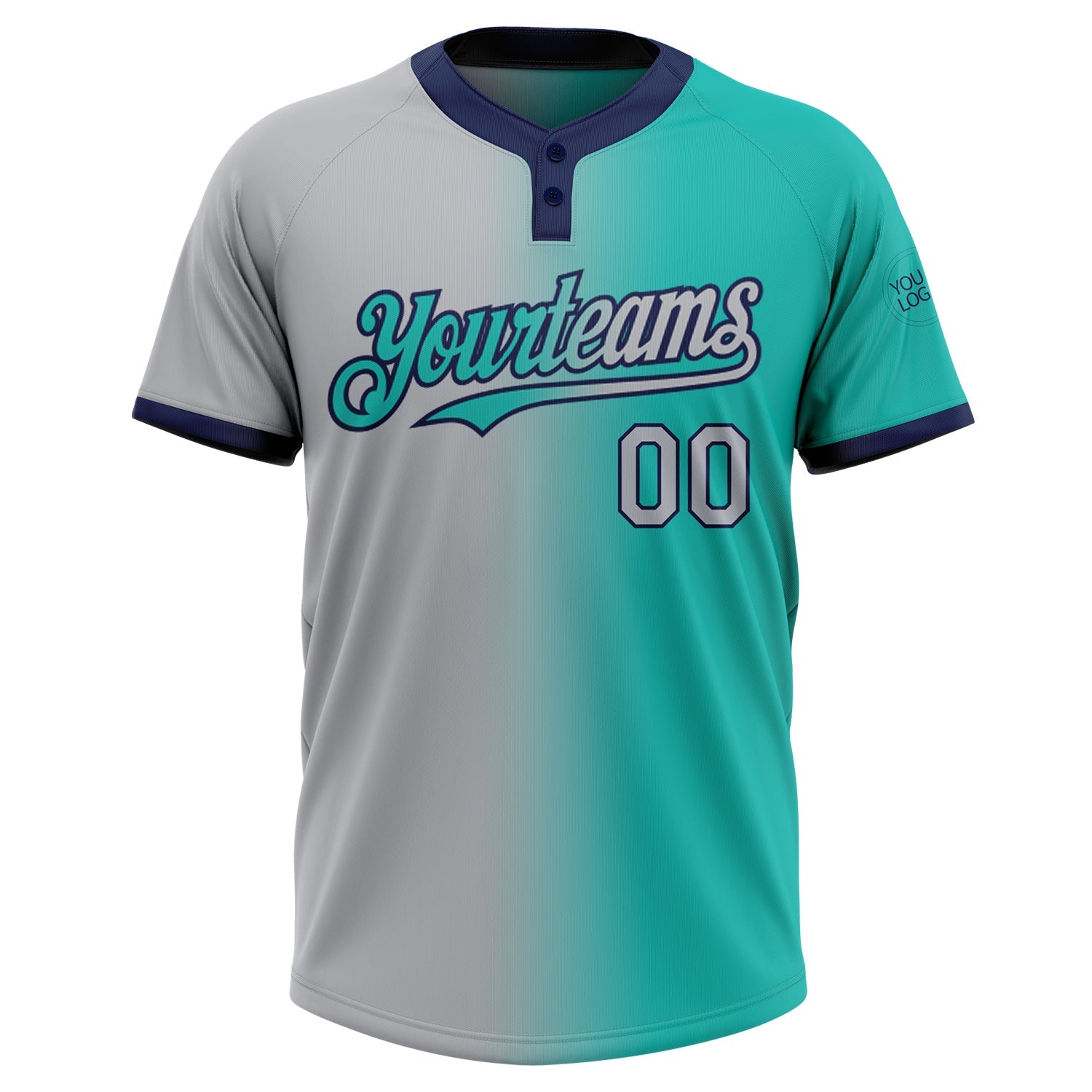 Custom Aqua Gray-Navy Gradient Fashion Two-Button Unisex Softball Jersey view 2