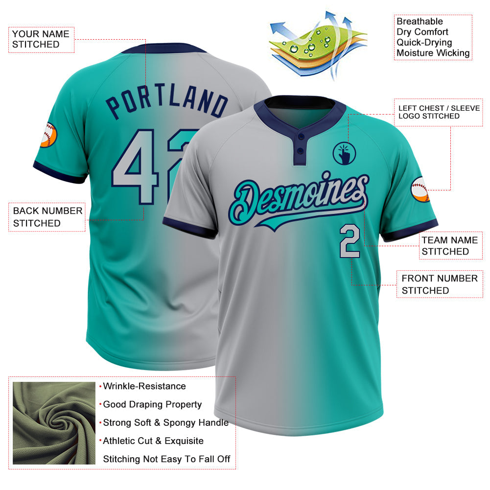 Custom Aqua Gray-Navy Gradient Fashion Two-Button Unisex Softball Jersey view 3