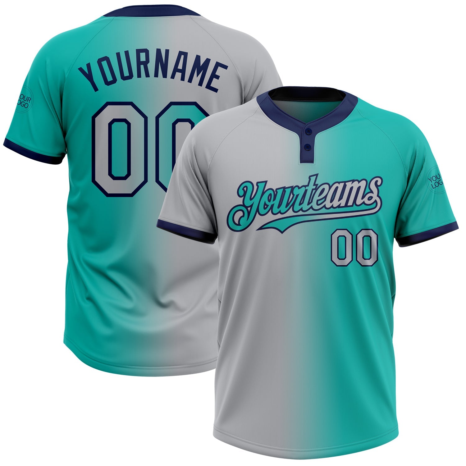 Custom Aqua Gray-Navy Gradient Fashion Two-Button Unisex Softball Jersey - Main View