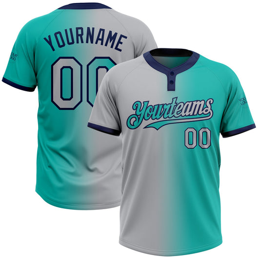 Custom Aqua Gray-Navy Gradient Fashion Two-Button Unisex Softball Jersey - Main View