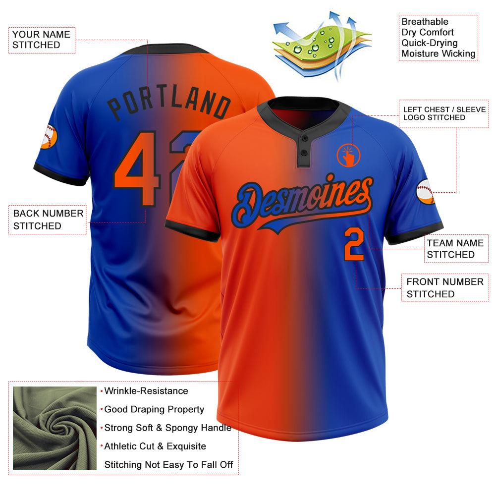 Custom Thunder Blue Orange-Black Gradient Fashion Two-Button Unisex Softball Jersey view 3