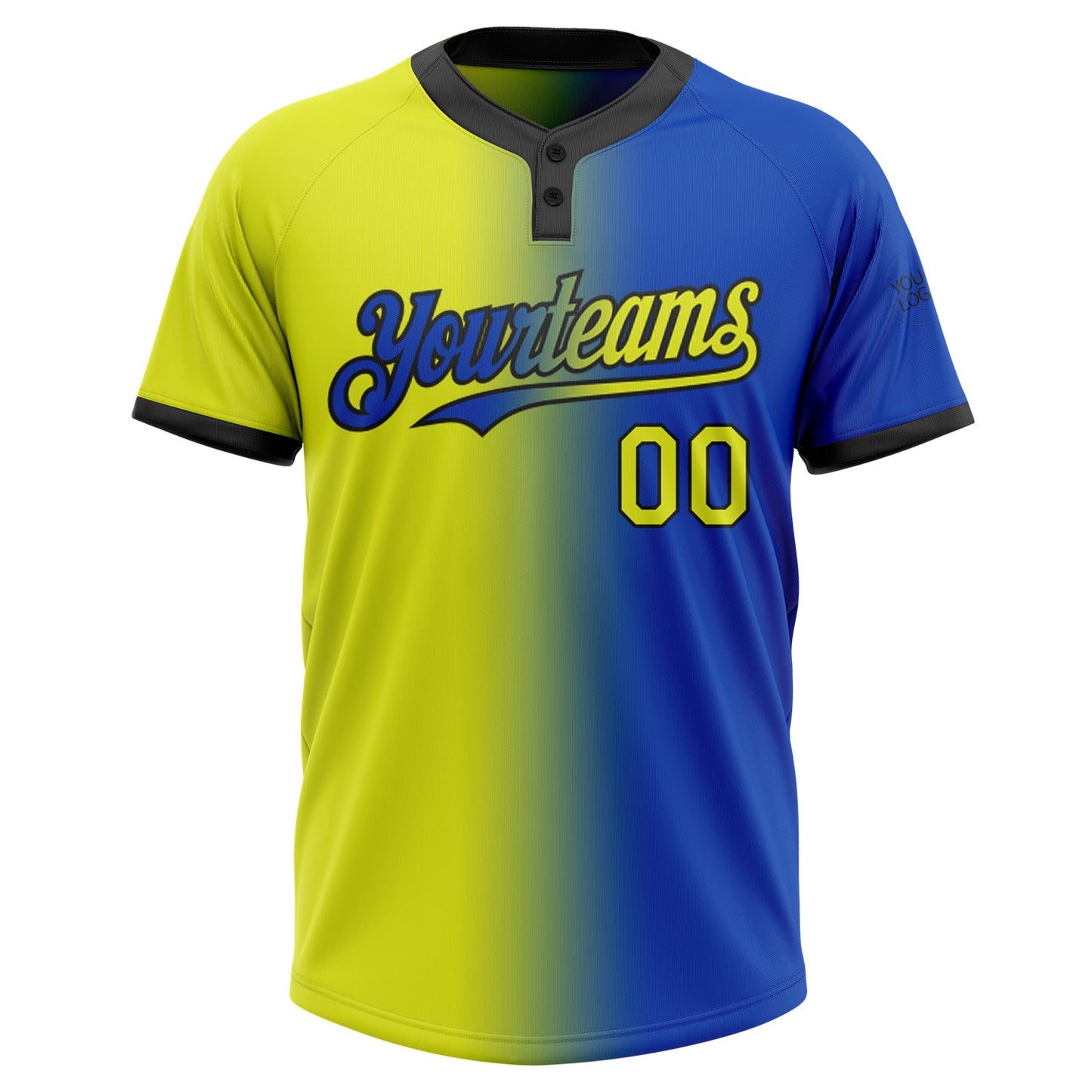 Custom Thunder Blue Neon Yellow-Black Gradient Fashion Two-Button Unisex Softball Jersey view 2