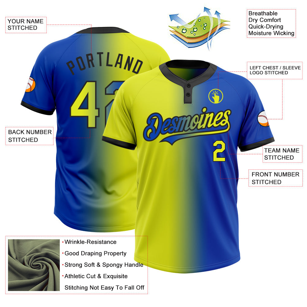 Custom Thunder Blue Neon Yellow-Black Gradient Fashion Two-Button Unisex Softball Jersey view 3