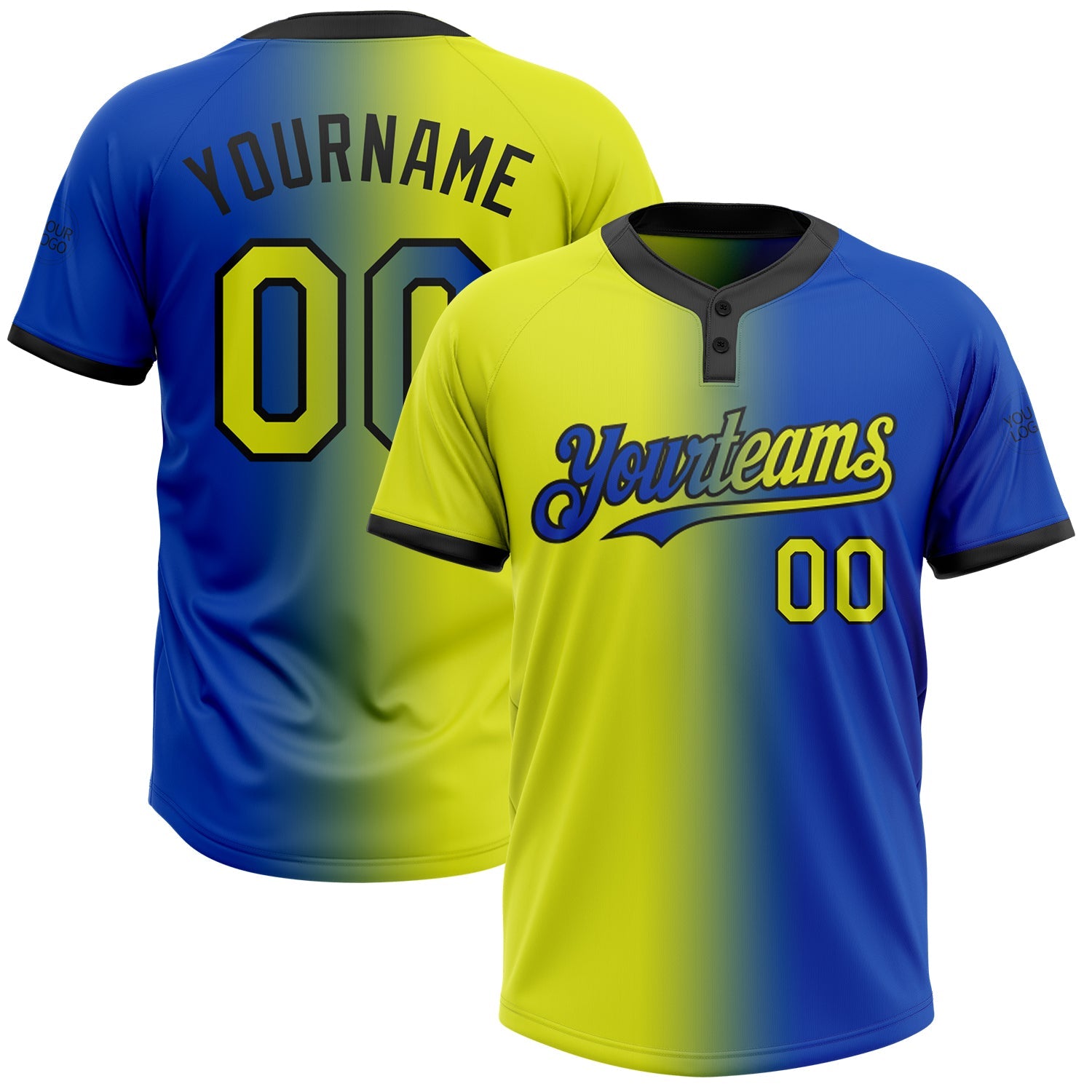 Custom Thunder Blue Neon Yellow-Black Gradient Fashion Two-Button Unisex Softball Jersey - Main View