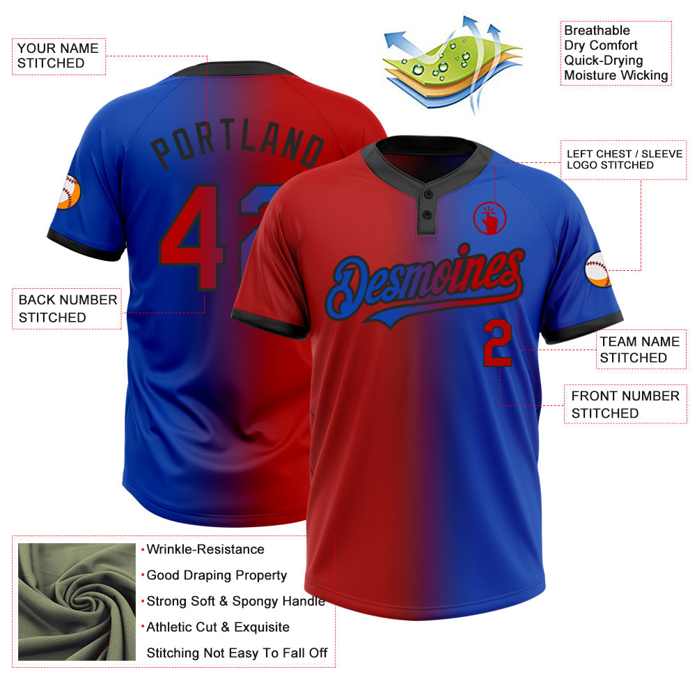 Custom Thunder Blue Red-Black Gradient Fashion Two-Button Unisex Softball Jersey view 3