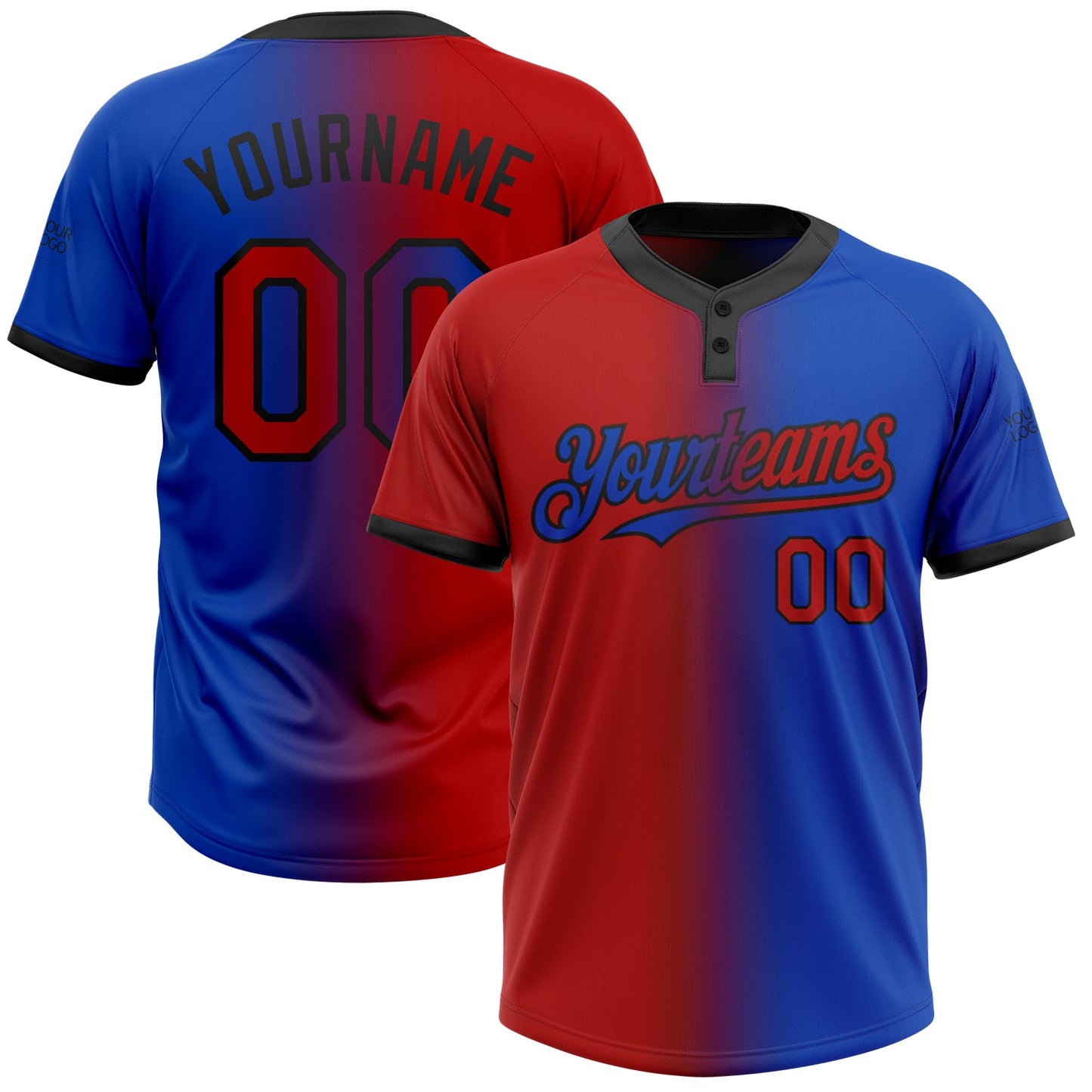 Custom Thunder Blue Red-Black Gradient Fashion Two-Button Unisex Softball Jersey - Main View