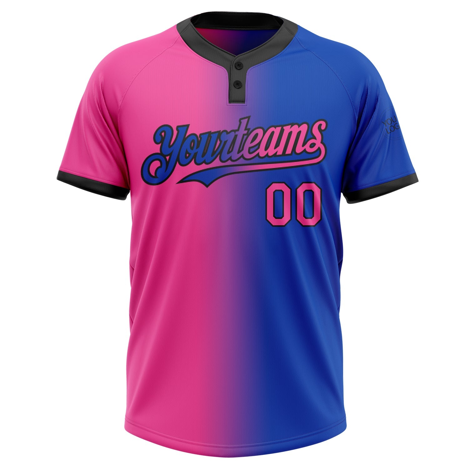 Custom Thunder Blue Pink-Black Gradient Fashion Two-Button Unisex Softball Jersey view 2