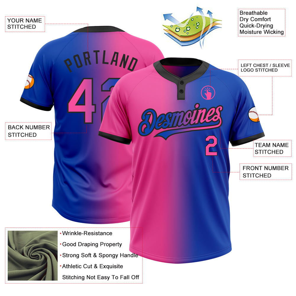 Custom Thunder Blue Pink-Black Gradient Fashion Two-Button Unisex Softball Jersey view 3