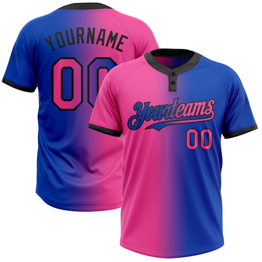 Custom Thunder Blue Pink-Black Gradient Fashion Two-Button Unisex Softball Jersey - Main View
