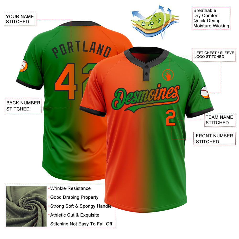 Custom Grass Green Orange-Black Gradient Fashion Two-Button Unisex Softball Jersey view 3