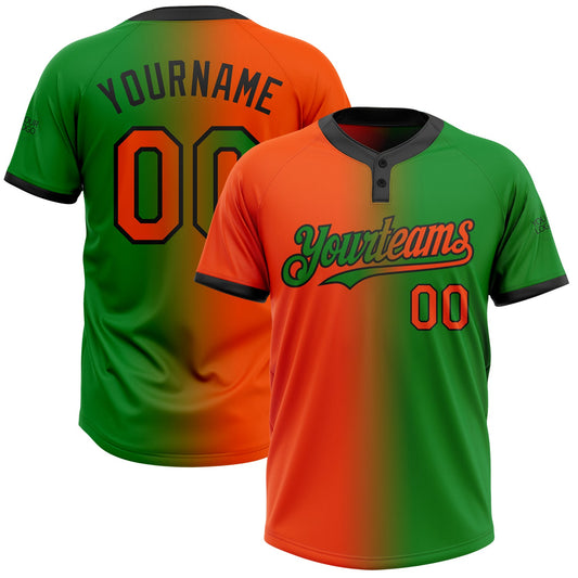Custom Grass Green Orange-Black Gradient Fashion Two-Button Unisex Softball Jersey - Main View