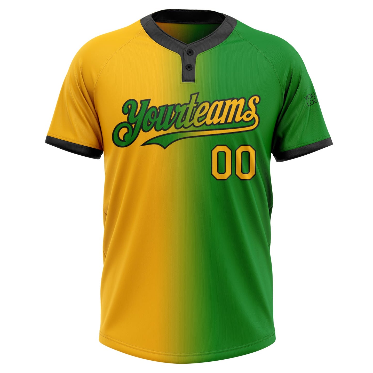 Custom Grass Green Gold-Black Gradient Fashion Two-Button Unisex Softball Jersey view 2