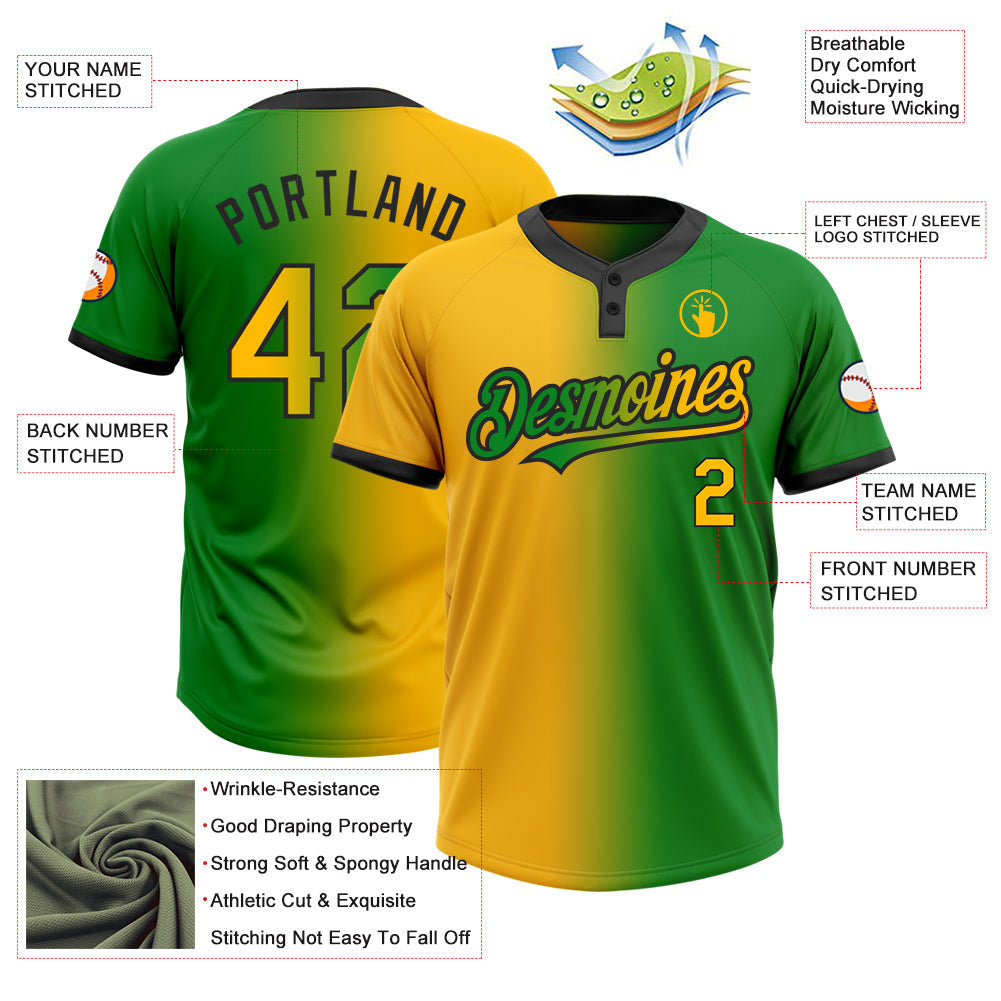 Custom Grass Green Gold-Black Gradient Fashion Two-Button Unisex Softball Jersey view 3