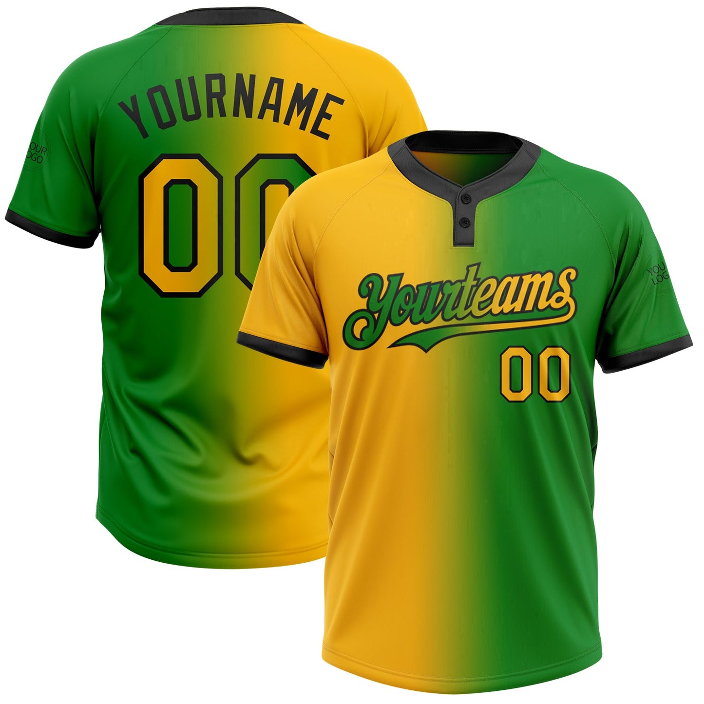 Custom Grass Green Gold-Black Gradient Fashion Two-Button Unisex Softball Jersey - Main View
