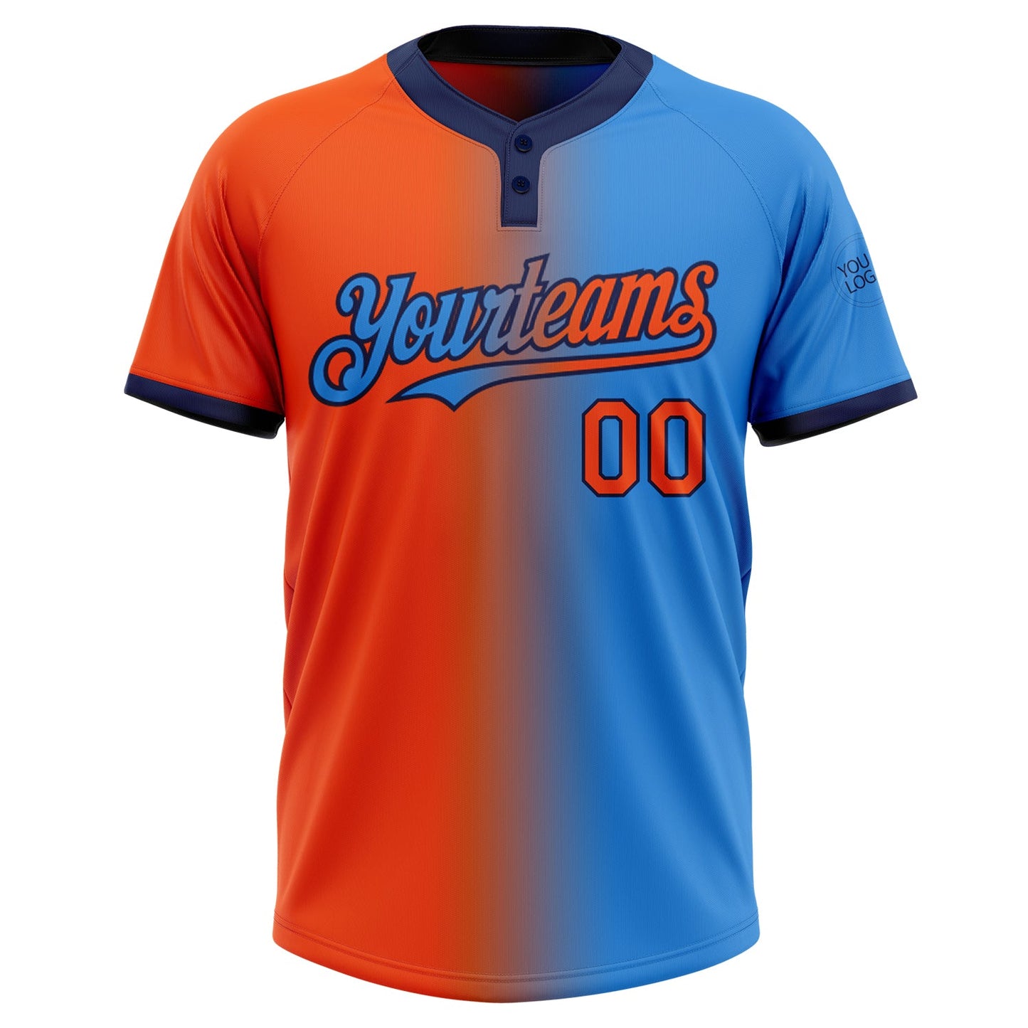 Custom Electric Blue Orange-Navy Gradient Fashion Two-Button Unisex Softball Jersey view 2