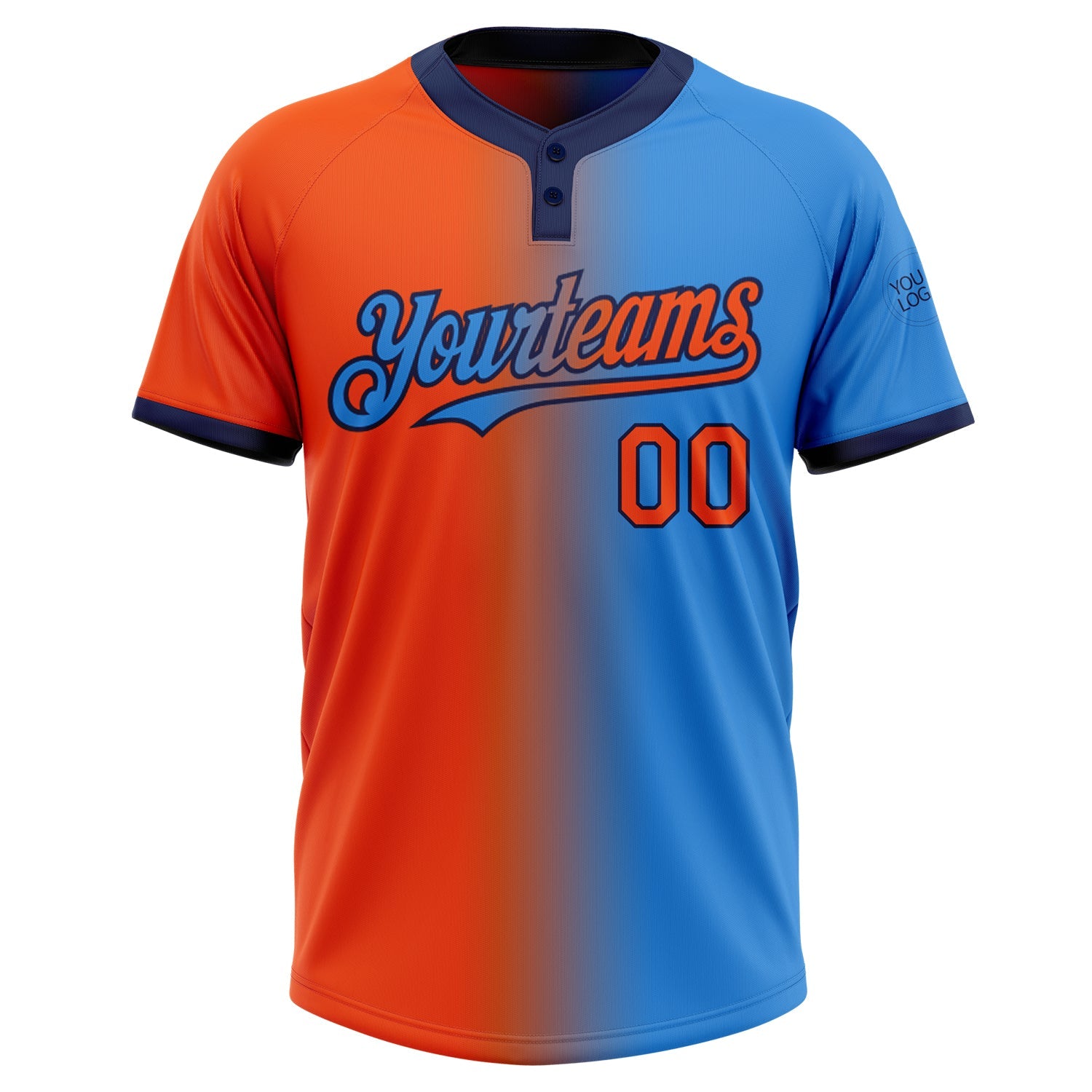 Custom Electric Blue Orange-Navy Gradient Fashion Two-Button Unisex Softball Jersey view 2