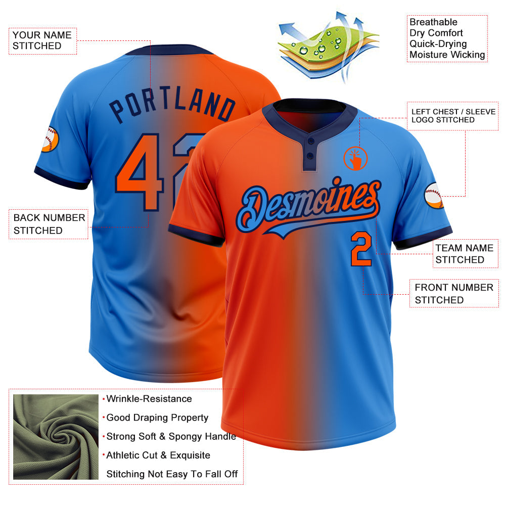 Custom Electric Blue Orange-Navy Gradient Fashion Two-Button Unisex Softball Jersey view 3