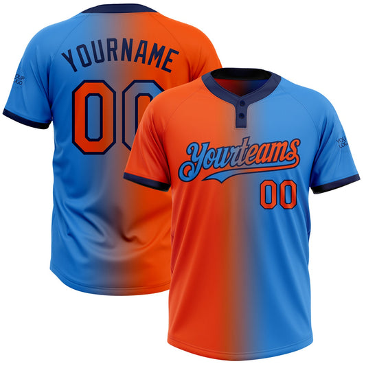 Custom Electric Blue Orange-Navy Gradient Fashion Two-Button Unisex Softball Jersey - Main View