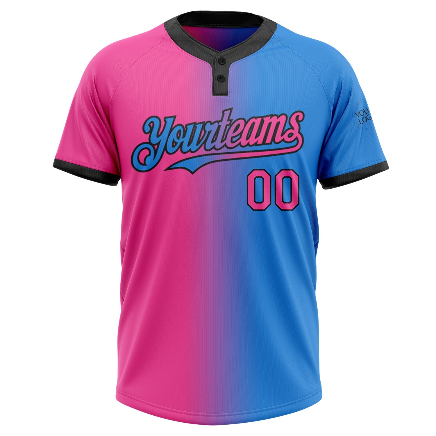 Custom Electric Blue Pink-Black Gradient Fashion Two-Button Unisex Softball Jersey view 2