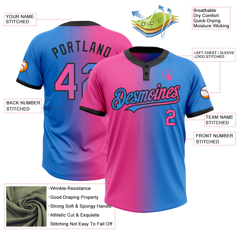 Custom Electric Blue Pink-Black Gradient Fashion Two-Button Unisex Softball Jersey view 3