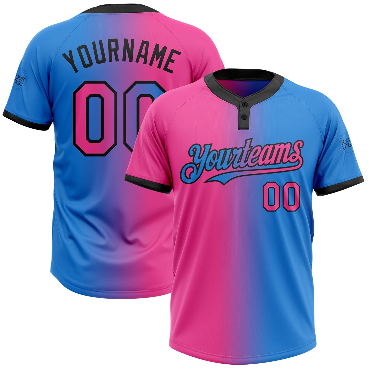 Custom Electric Blue Pink-Black Gradient Fashion Two-Button Unisex Softball Jersey - Main View