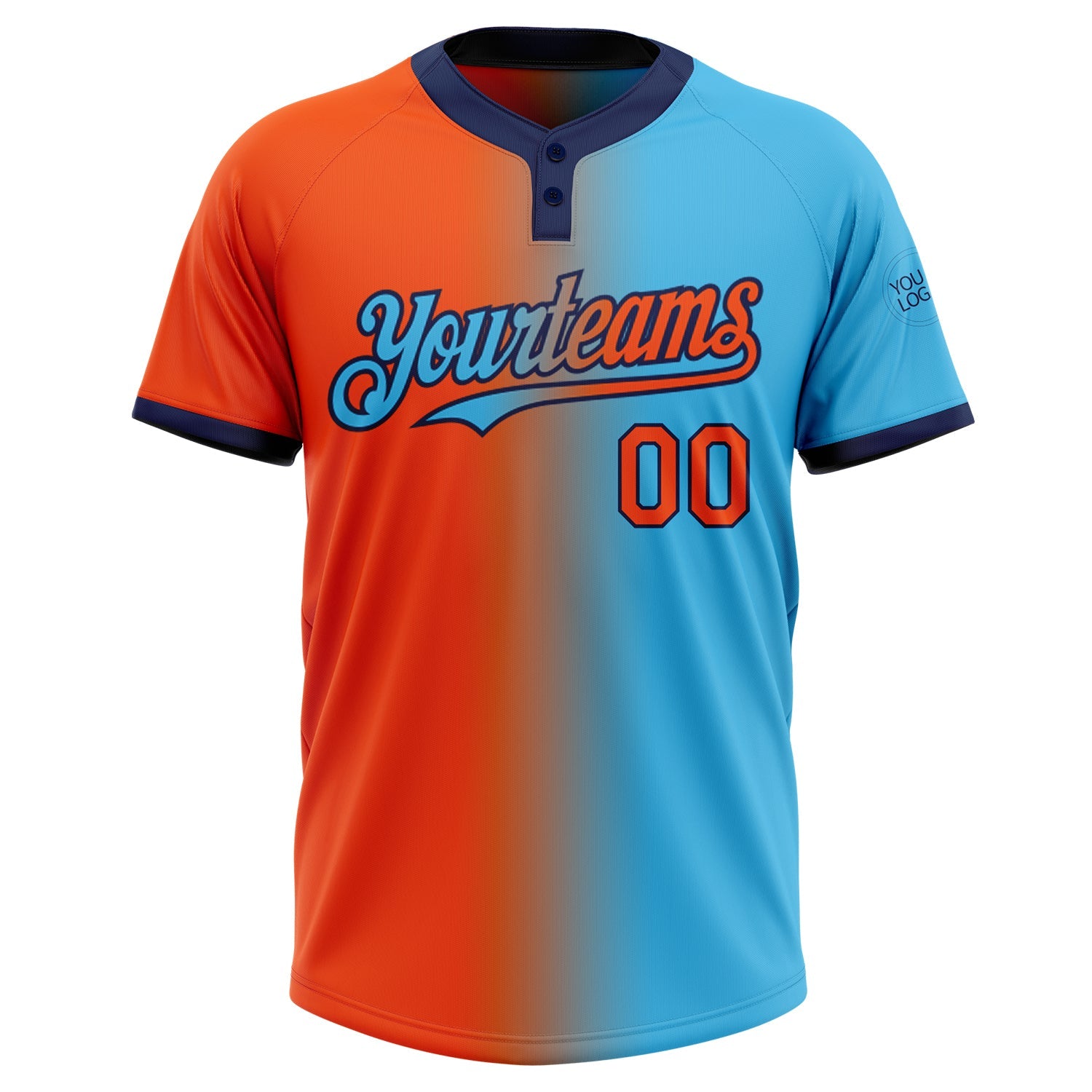 Custom Sky Blue Orange-Navy Gradient Fashion Two-Button Unisex Softball Jersey view 2