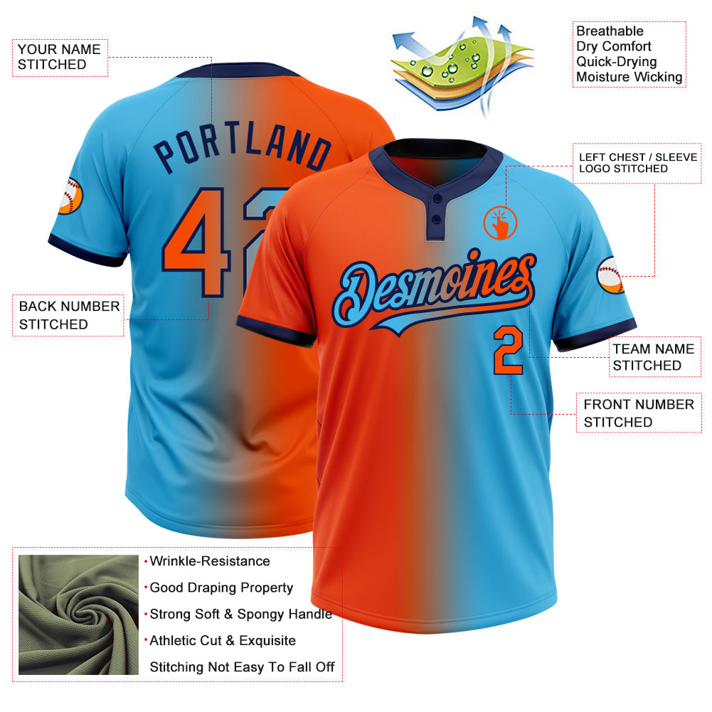 Custom Sky Blue Orange-Navy Gradient Fashion Two-Button Unisex Softball Jersey view 3