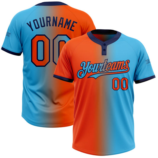 Custom Sky Blue Orange-Navy Gradient Fashion Two-Button Unisex Softball Jersey - Main View