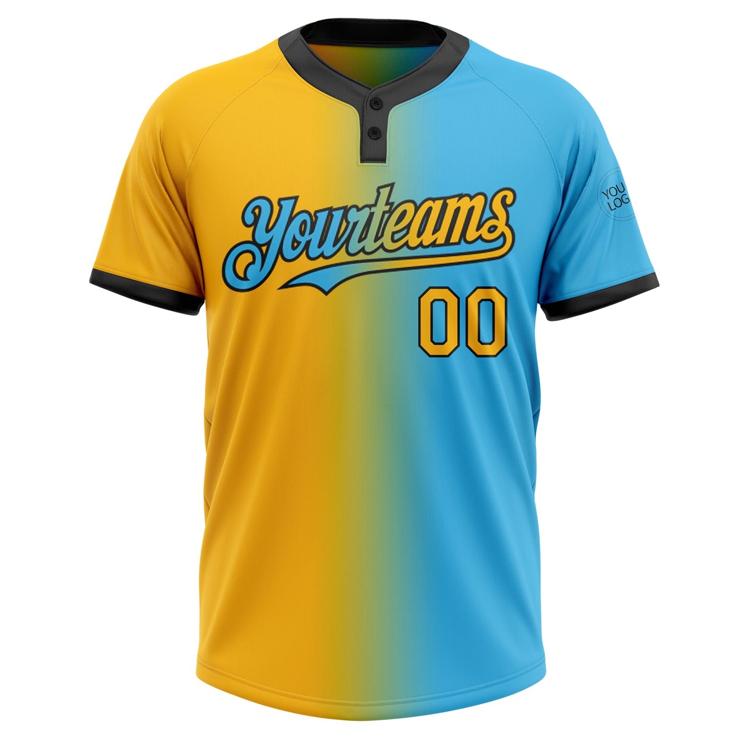 Custom Sky Blue Gold-Black Gradient Fashion Two-Button Unisex Softball Jersey view 2