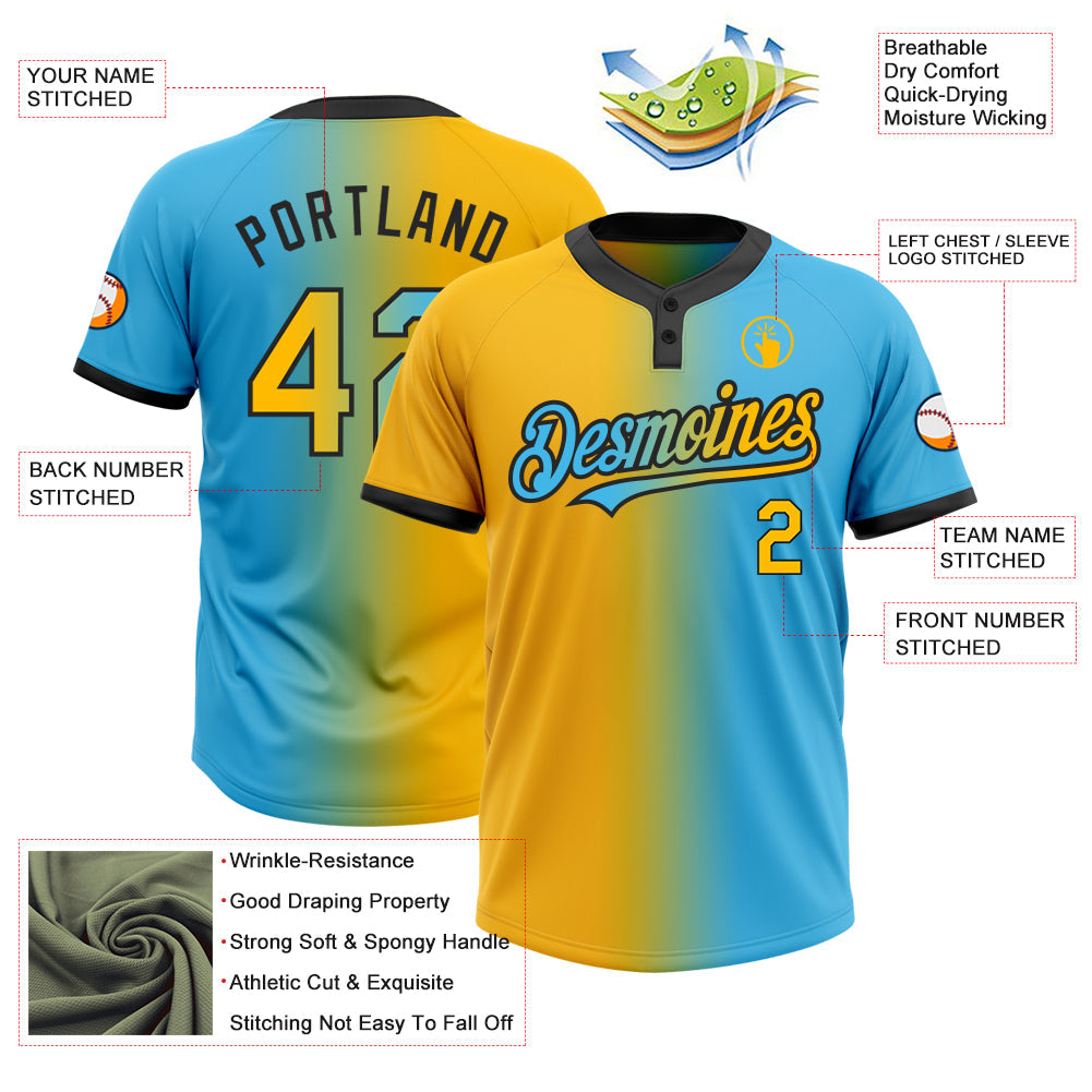 Custom Sky Blue Gold-Black Gradient Fashion Two-Button Unisex Softball Jersey view 3