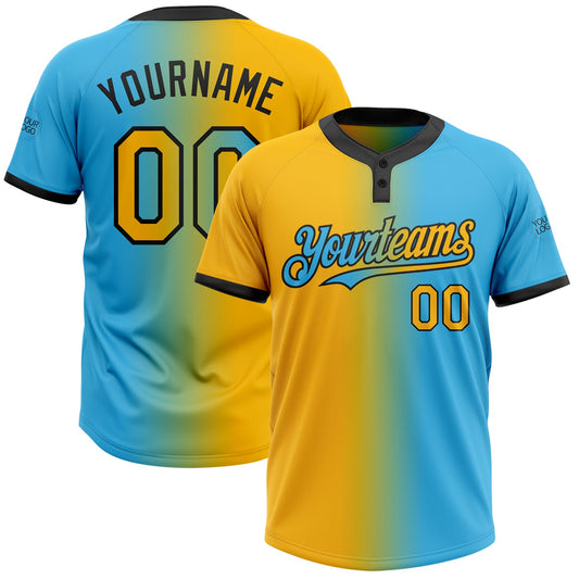 Custom Sky Blue Gold-Black Gradient Fashion Two-Button Unisex Softball Jersey - Main View