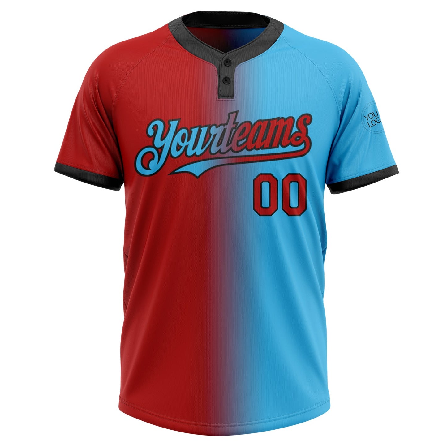 Custom Sky Blue Red-Black Gradient Fashion Two-Button Unisex Softball Jersey view 2