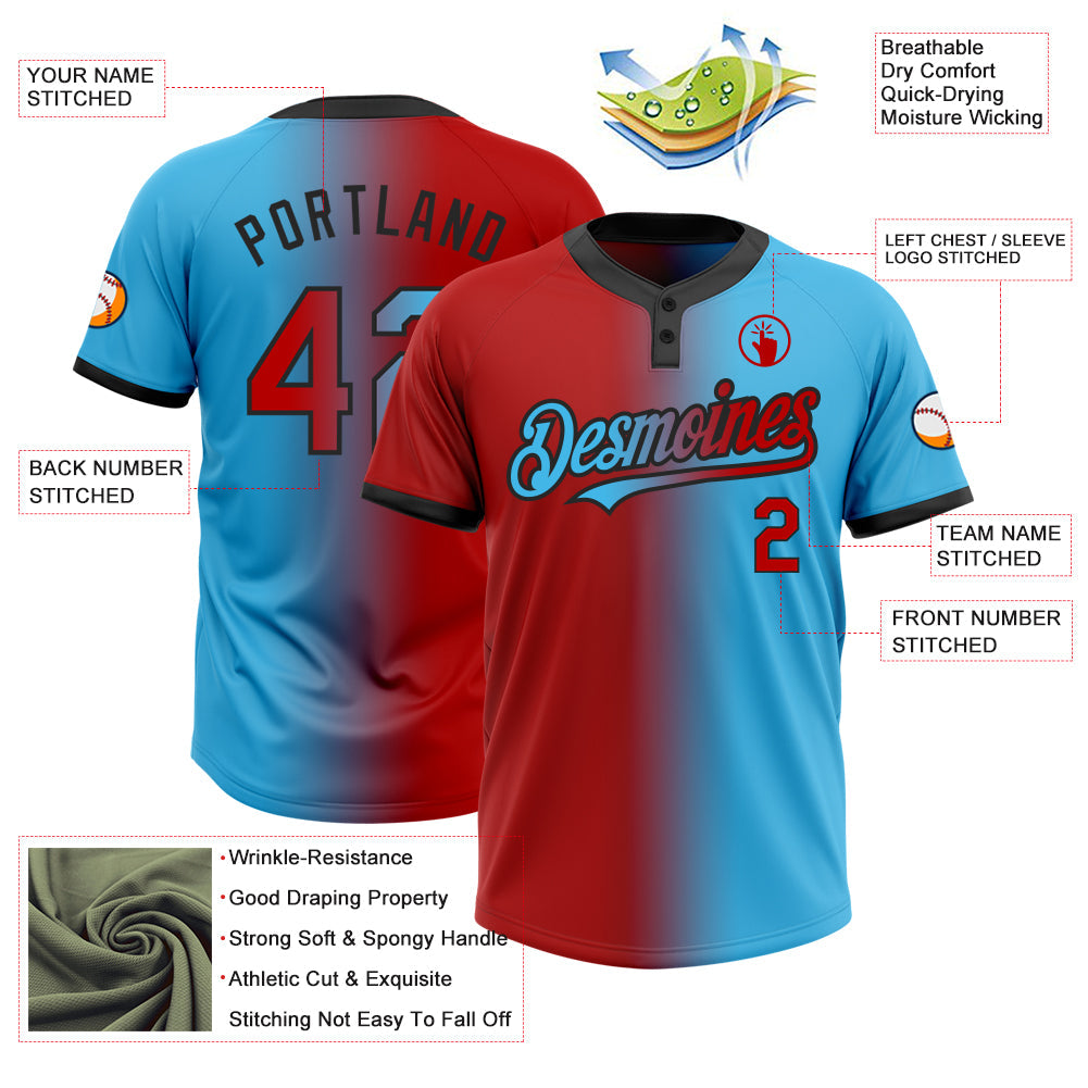 Custom Sky Blue Red-Black Gradient Fashion Two-Button Unisex Softball Jersey view 3