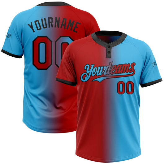 Custom Sky Blue Red-Black Gradient Fashion Two-Button Unisex Softball Jersey - Main View