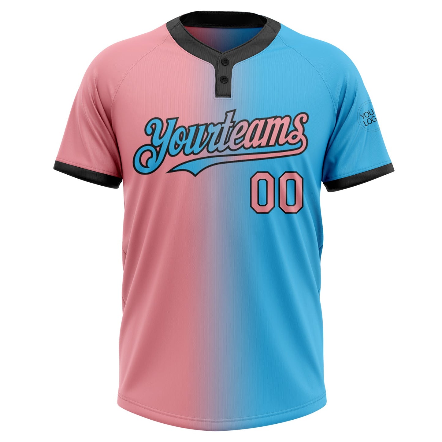 Custom Sky Blue Medium Pink-Black Gradient Fashion Two-Button Unisex Softball Jersey view 2