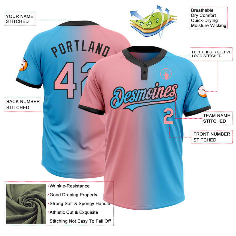 Custom Sky Blue Medium Pink-Black Gradient Fashion Two-Button Unisex Softball Jersey view 3