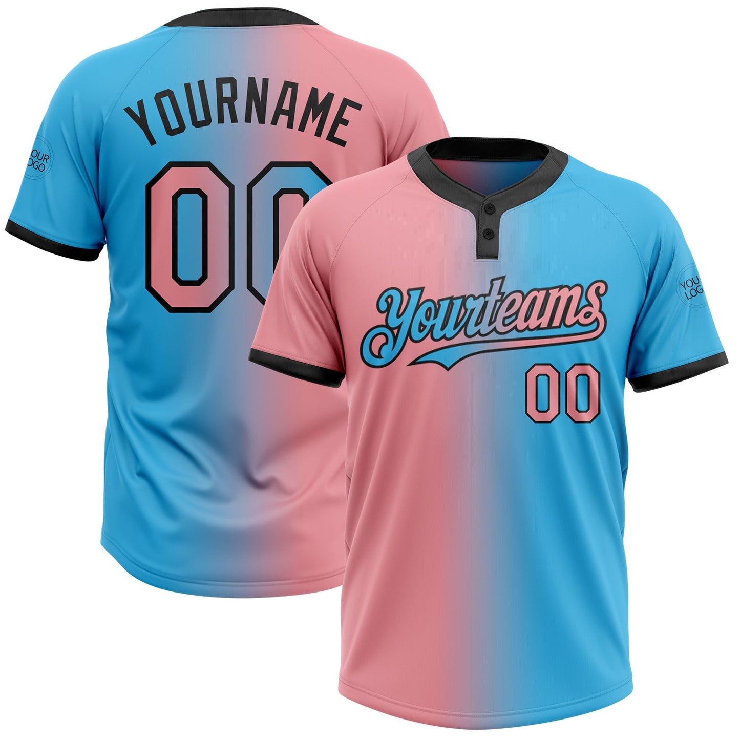 Custom Sky Blue Medium Pink-Black Gradient Fashion Two-Button Unisex Softball Jersey - Main View