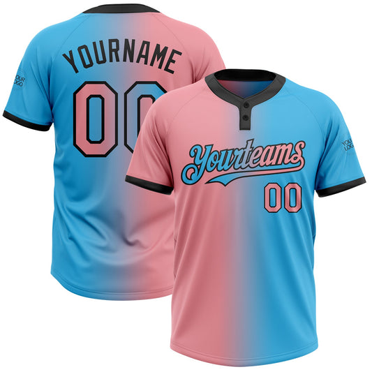 Custom Sky Blue Medium Pink-Black Gradient Fashion Two-Button Unisex Softball Jersey - Main View