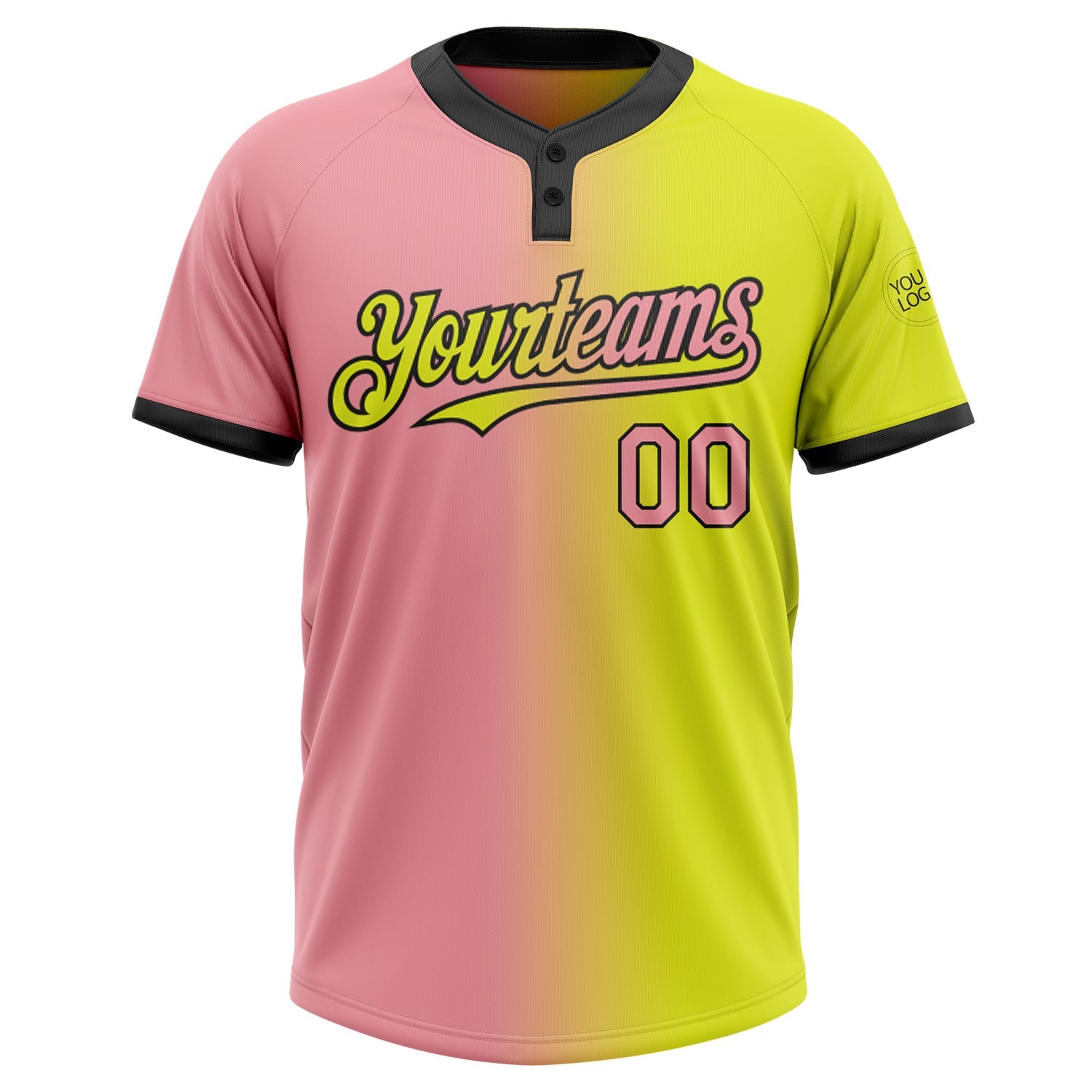Custom Neon Yellow Medium Pink-Black Gradient Fashion Two-Button Unisex Softball Jersey view 2