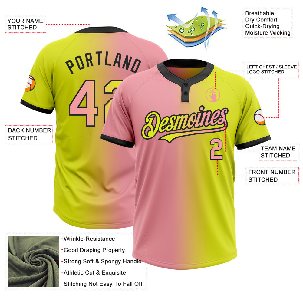Custom Neon Yellow Medium Pink-Black Gradient Fashion Two-Button Unisex Softball Jersey view 3