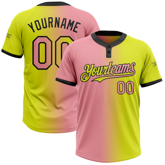 Custom Neon Yellow Medium Pink-Black Gradient Fashion Two-Button Unisex Softball Jersey - Main View
