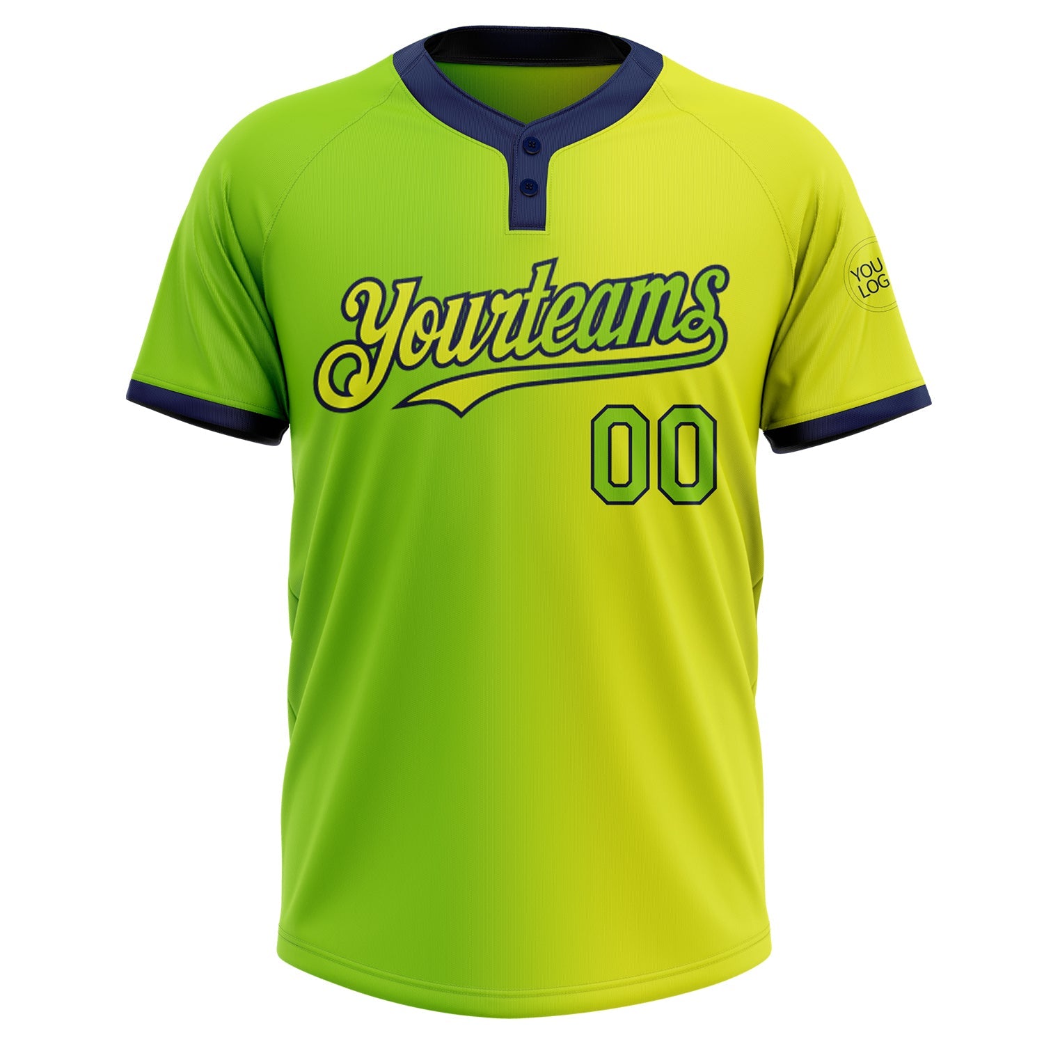 Custom Neon Yellow Neon Green-Navy Gradient Fashion Two-Button Unisex Softball Jersey view 2