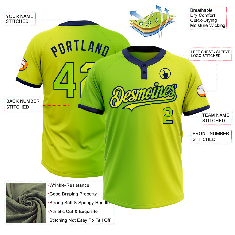 Custom Neon Yellow Neon Green-Navy Gradient Fashion Two-Button Unisex Softball Jersey view 3