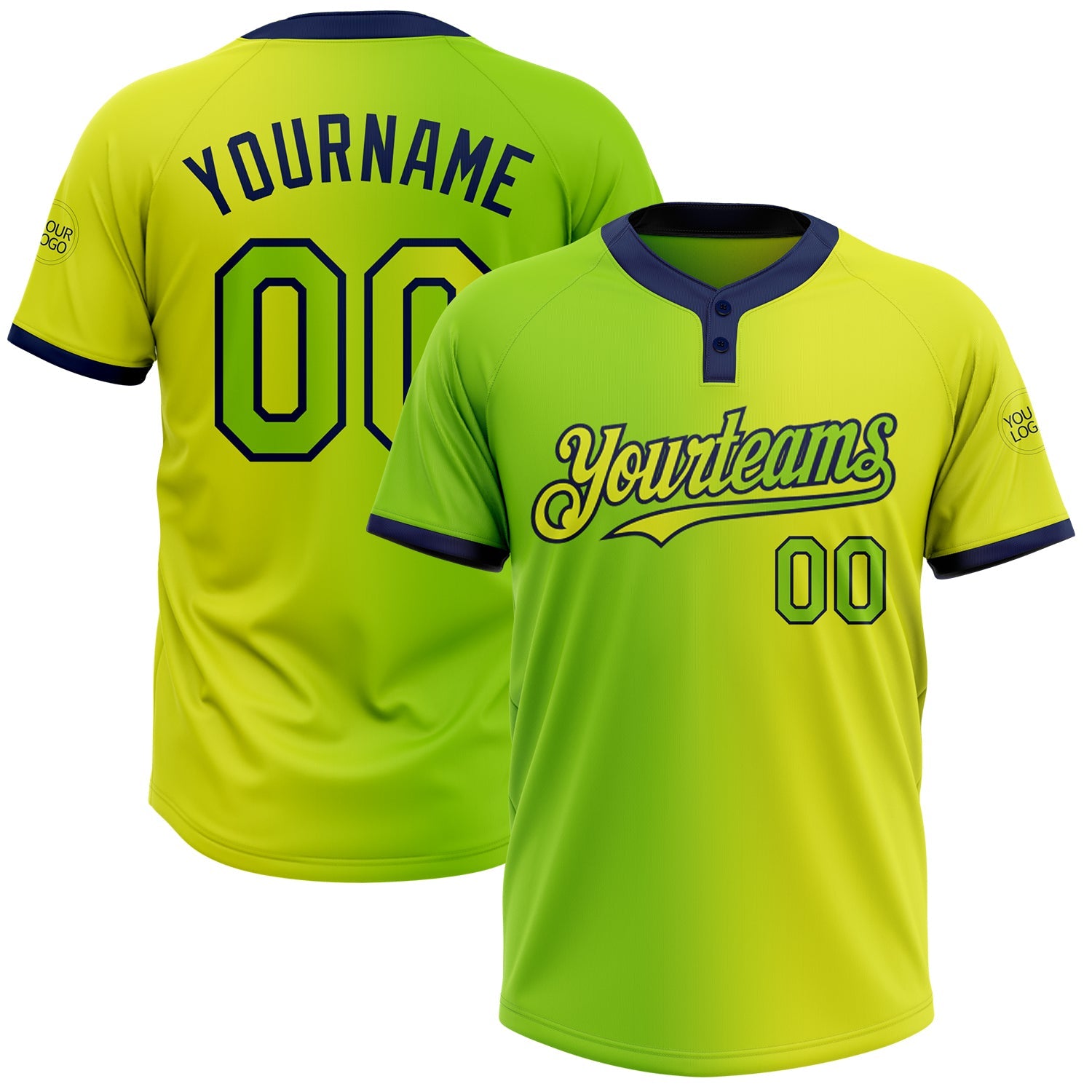 Custom Neon Yellow Neon Green-Navy Gradient Fashion Two-Button Unisex Softball Jersey - Main View