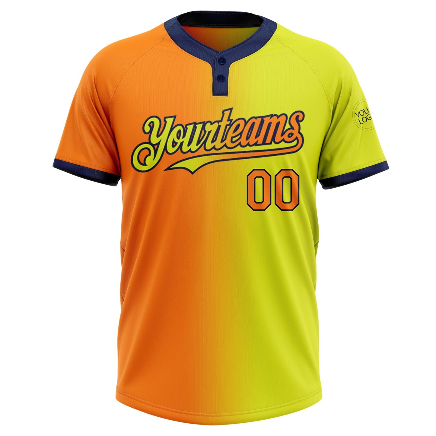 Custom Neon Yellow Bay Orange-Navy Gradient Fashion Two-Button Unisex Softball Jersey view 2