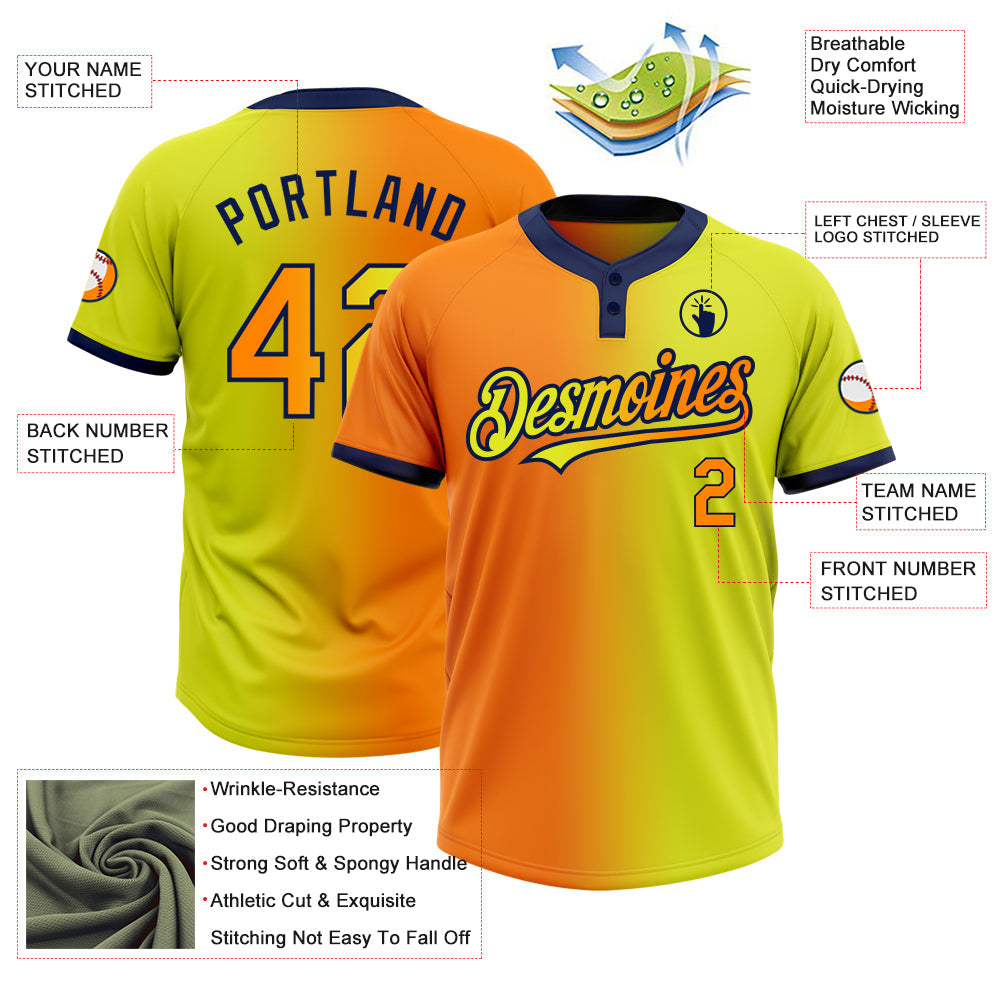 Custom Neon Yellow Bay Orange-Navy Gradient Fashion Two-Button Unisex Softball Jersey view 3